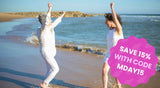 Two women dancing. The discount burst reads "Save 15% with code MDAY15"