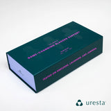 A closed Uresta Starter Kit box with text that reads 'The Uresta. Game-changing bladder support. Starter Kit. Size 3, Size 4, Size 5. Tested in sneezers, laughers, and jumpers.'